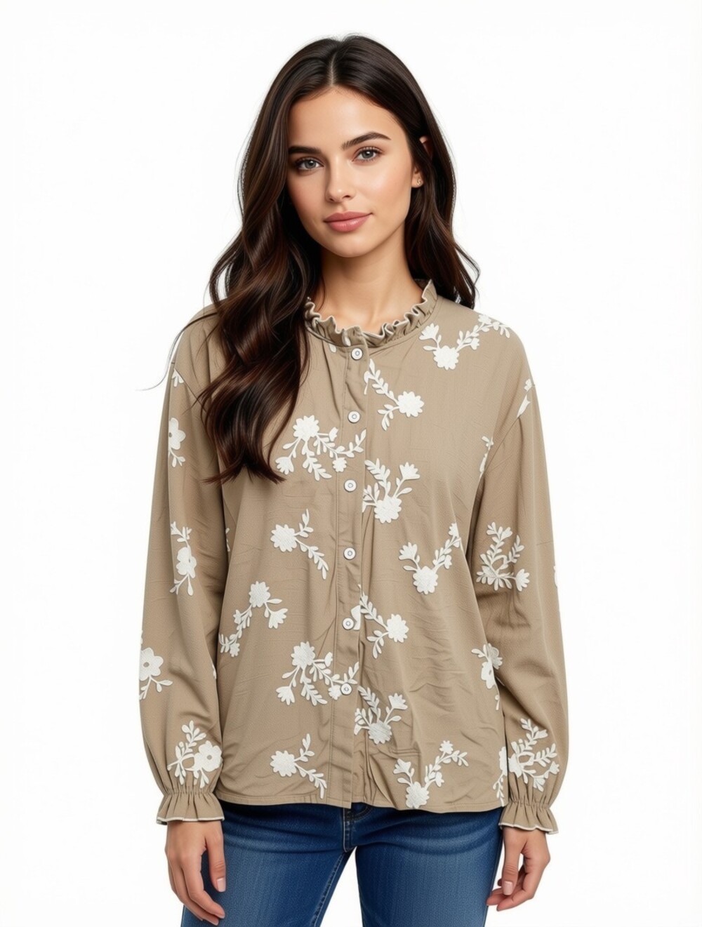 Taupe Beige Floral Embroidered Button Front Blouse Ruffle Neck Long Sleeve Boho